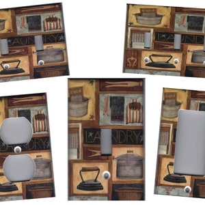 May include: A set of five decorative light switch and outlet covers featuring a vintage laundry room theme. The covers feature a variety of images, including a wash tub, an iron, a clothes basket, and a clothesline. The covers are made of durable plastic and are easy to install.