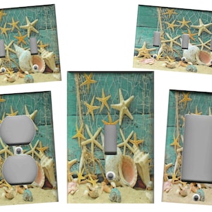 SEASHELLS STARFISH on Blue Wood Image Light Switch Plates and Outlets Home Decor