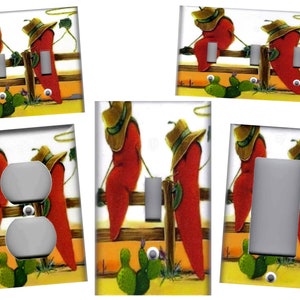 May include: Two red chili peppers wearing cowboy hats and boots are leaning against a wooden fence. The peppers are on a white background with a cactus and a sunset in the background. This is a light switch cover.