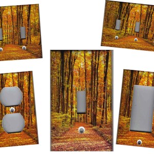 May include: Set of five light switch and outlet covers featuring a photograph of a path through an autumn forest with yellow, orange, and red leaves.
