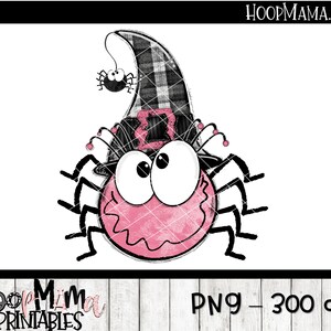 May include: A cartoon spider with a pink body, large white eyes, and black legs. It wears a black and white plaid witch hat with a pink buckle and has a small spider dangling from its hat. The image includes the text "HOOPMAMA.COM" and "HOOP MAMA PRINTABLES".