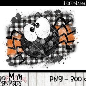 May include: A black and white spider with large eyes on a black and white checkered background with orange watercolor splatters.