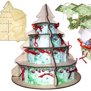 Advent calendar Christmas tree for 2 mm wood or cardboard, 3D model for laser cut template, CDR, SVG, DXF, decoration, woodworker, digital file