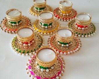 8 pcs. T-light candle holder, Diwali decoration, decorative Diya, handcrafted pompom pearl metal candle holder, table decor,Returngift