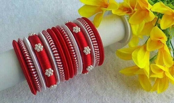 Red And White Color Silk Thread Bangles Etsy
