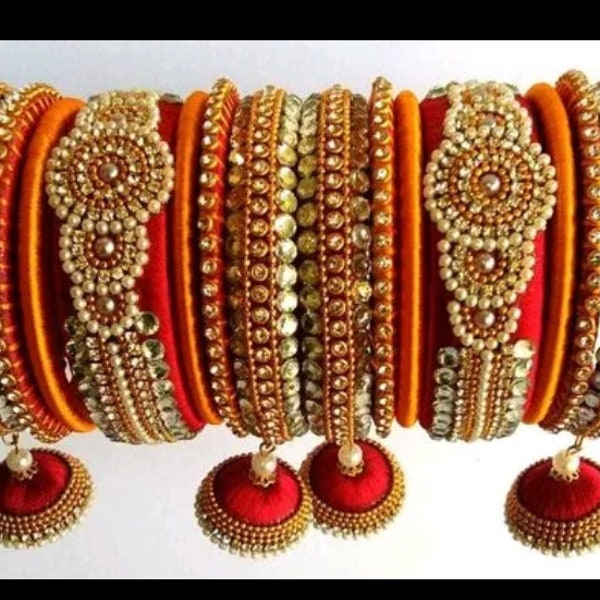 Red And Golden Color Silk Bangles handmade Jewelry Latken , Dangling indian Pakistani jewelry Wedding, party Wear