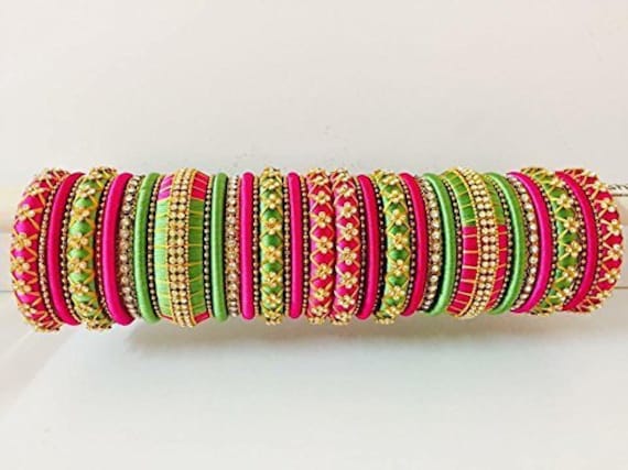 Green And Rani Color Silk Thread Desi Bangles Heavy Look Bridal Wedding Chura Indian Rajasthani Look 26 Bangles Thread Jewelry Gift For Her