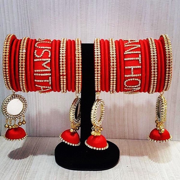 Wedding Name (Bride And Groom) Red Color Silk Thread bangles Name Can Customized with Kundan  Meena Bridal Heavy Set bangles For Bridal