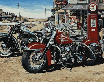 Cotton Indian Motorcycle® Vintage Scenes Cards Signs Fabric Print BTY D673.64