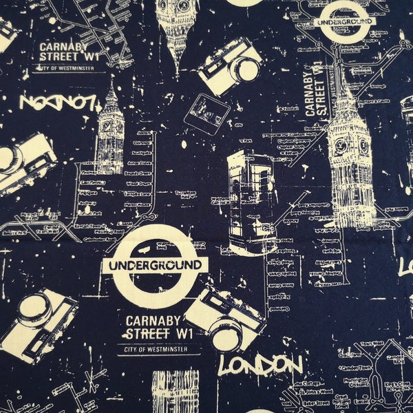 Baumwollstoff, dunkelblau mit London Motiven (Fabric_BK00012)