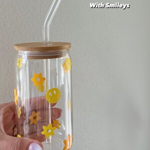 Colored Personalized Glass Tumbler with Lid and Glass Straw (with or without smileys)