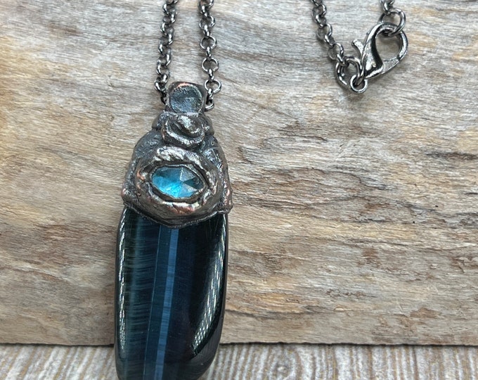Mens Necklace Blue Tigereye, Hawk's Eye, Falcon's Eye, Cat' Eye, Eagle's Eye w/ stainless steel chain, Gift for Him, Mens crystal Necklace.