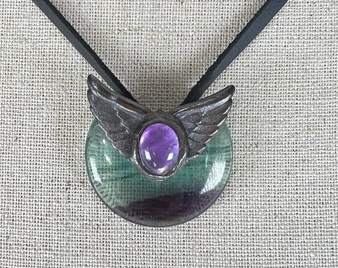 FLUORITE Gemstone, Pendant, with Guardian Angel Wings, Celestial Crystal, symbolizes Clarity and Focus, Protection and Divine Connection.