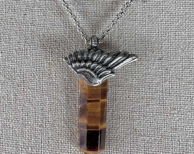 Mens Necklace Tigereye, Hawk's Eye, with Angel wing, Eagle's Eye w/ stainless steel chain, Gift for Him, Mens crystal Necklace.