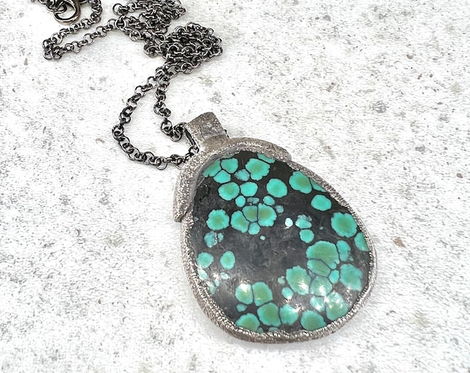 TIBETAN TURQUOISE Necklace, Pendant,Palladium plated, with Stainless Steel Chain,Yoga Spiritual Jewelry, Turquoise crystal, Avantgarde, Boho