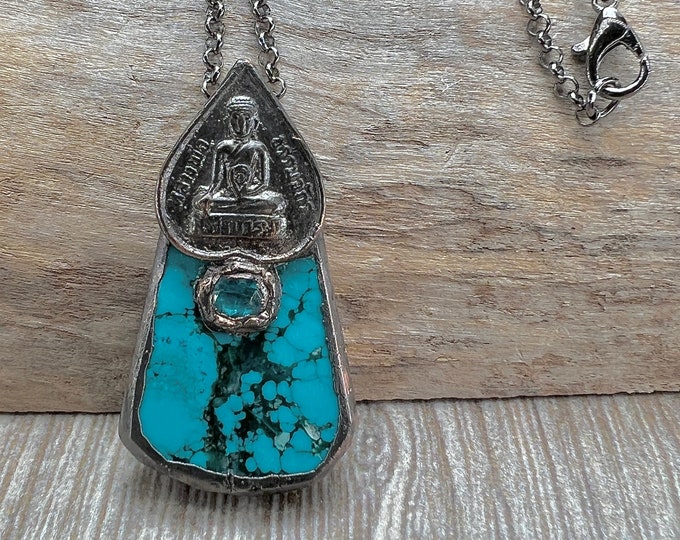 MEXICAN TURQUOISE Necklace, Pendant, copper oxidized, with Buddha Ornament with stainless steel chain, Turquoise crystal, Gift for Him, Boho