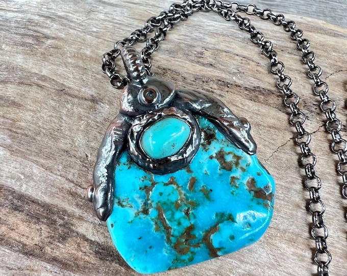 MEXICAN TURQUOISE Necklace, Pendant, copper oxidized, with stainless steel chain, Turquoise crystal, Gift for Him, symbolizes Protection.