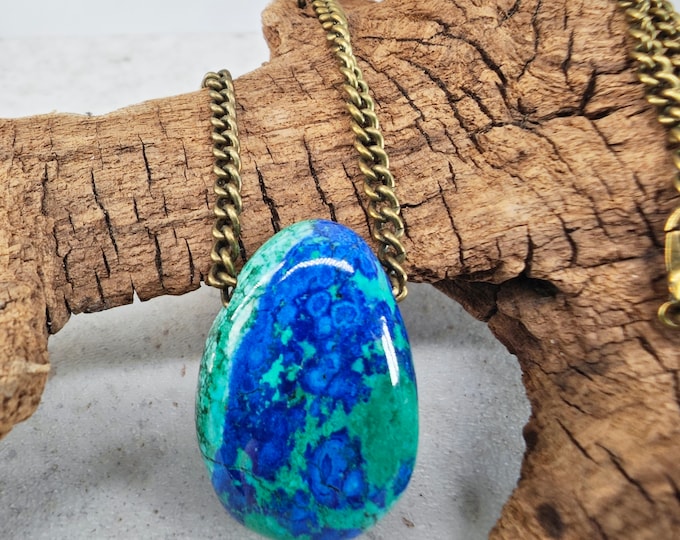 AZURITE-MALACHIT freeform, Pendant, Necklace with vintage brass chain, for Protection and Grounding, Mother Earth Jewelry, Boho