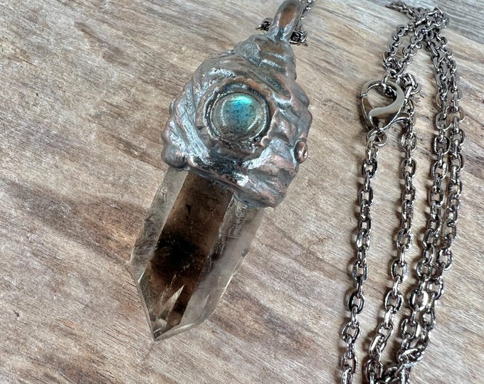 SMOKY-CRYSTAL Quartz Point Pendant, from Swiss Alps, Switzerland, gun metal chain, Magic Nature. Symbolizes Grounding and Protection.
