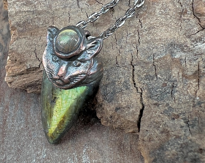 LABRADORITE Necklace, with CAT Face Ornament, Talisman, Amulet, symbolizes independence, mystery, intuition. Copper oxidized. Unisex Jewlry.