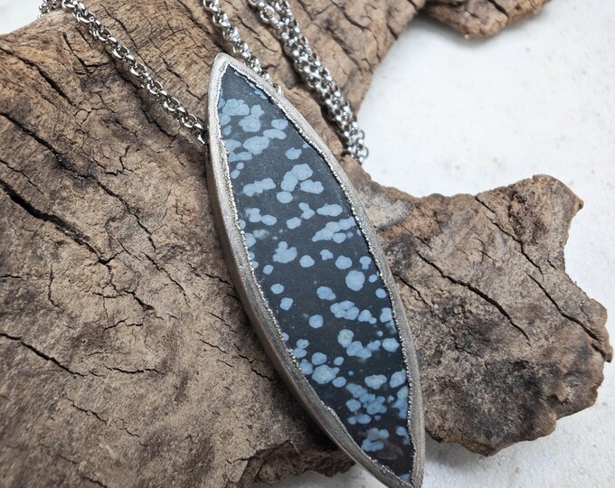 SNOWFLAKE OBSIDIAN Crystal Mens Necklace, Pendant symbolizes Eternity and Infinity, copper oxidized with stainl.chain.