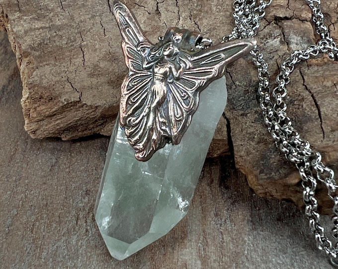 Rock Crystal Point, Pendant, w/ Angel Art Nouveau, Switzerland, symbolizes  protection, clarity, purity and guardianship. Unisex necklace.