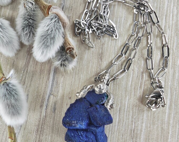 AZURITE crystal mineral, Pendant, Necklace with stainless steel chain, Mother Earth Jewelry, Avantgarde Jewelry, Boho