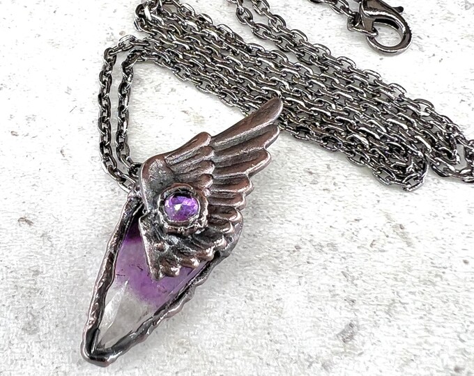 AMETHYST Gemstone, Pendant, with Guardian Angel Wing, Celestial Crystal, symbolizes Protection and Purification
