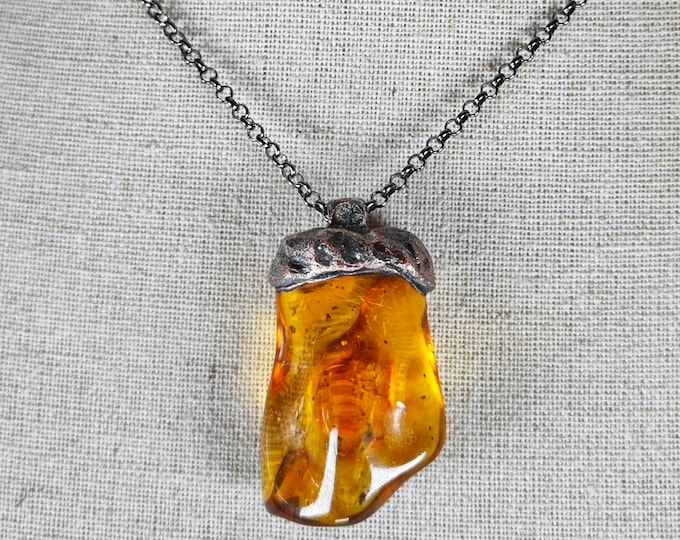 Golden BERNSTEIN Nugget Pendant, Quality and Precious Bernstein, Bold Vibrant Bernstein stainless steel chain, 5 Million of Age, Fossilized