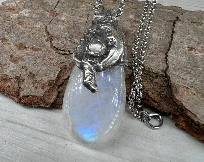 Rainbow MOONSTONE Necklace, Pendant, Palladium plated, with stainless steel chain, Precious, Spiritual Jewelry, Rainbow Moonstone, Gemstone