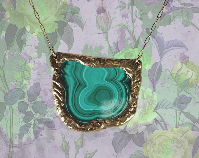 Large MALACHIT freeform, Pendant, 22K gold plated Necklace with golden stainless steel chain, Mother Earth Jewelry, Avantgarde Jewelry, Boho