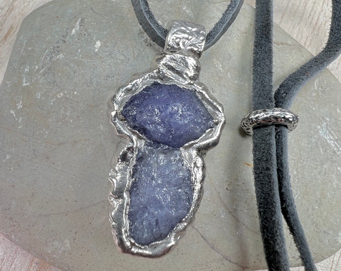 TANZANITE Rocks Raw Necklace on Leather, Pendant, Palladium plated, Rough Raw, Necklace, Organic, Yoga Chakra Jewelry, Birthday Gift