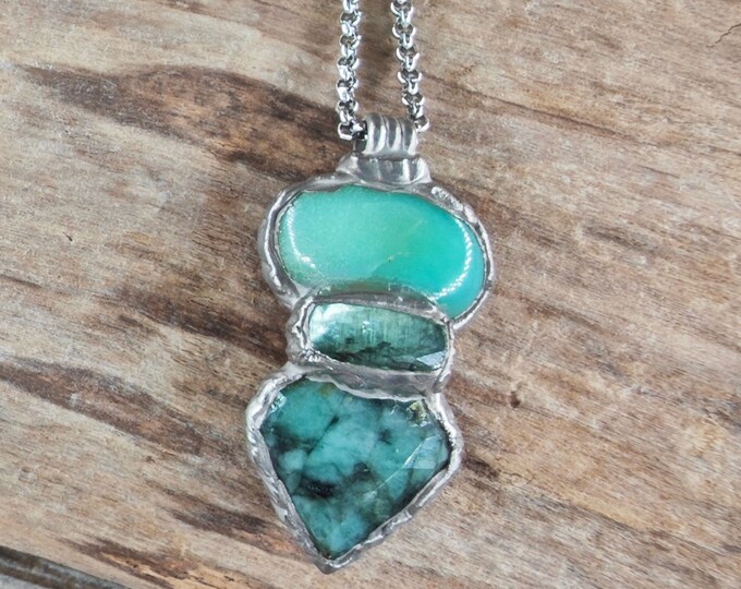 CHRYSOPRASE-EMERALD w/Kyanite Baguette, Pendant Necklace, Magic Nature, Palladium plated, Crystal Quartz, Natural, Spiritual Jewelry