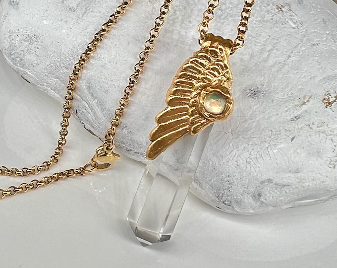 Rock Crystal Point, Pendant, w/ Angel Wing w/Opal, Guardian Angel Necklace, symbolizes Protection and Guardianship, Clarity and Purity.
