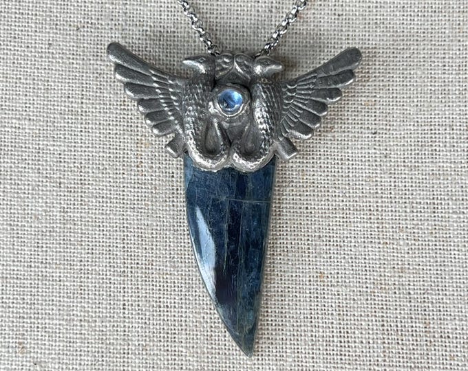 Blue Kyanite, Pendant, w/ Egyptian Horus Bird, Mens Necklace, symbolizes Protection, vision and courage. Gift for Him.