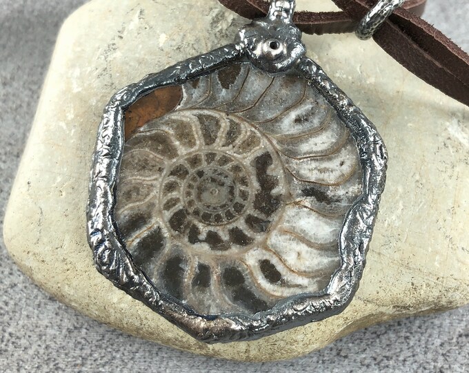AMMONITE Leather Necklace, Handmade, Mother Earth Jewelry, Fossil Necklace, Fossil Ammonite Morocco, Organic, Petrified, Spiritual Jewelry
