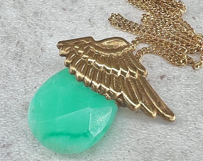 CHRYSOPRASE Necklace Pendant, w/ Angel Wing, Guardian Angel, 22K gold plated, symbolizes Protection and Guardianship, Optimism and Joy.
