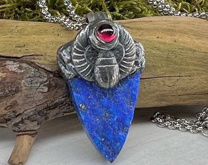 LAPIS LAZULI Necklace with Scarab + Garnet, stainless steel, Rough, Raw, Unisex, Spiritual Yoga Jewelry, Inner Harmony and protection.