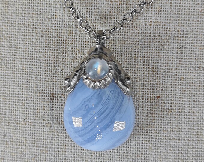 AAA Natural Chalcedony Blue Lace Agate with 6mm Moonstone, Chalcedony Crystal Necklace, symbolizes Calmness, Communication, and Diplomacy.