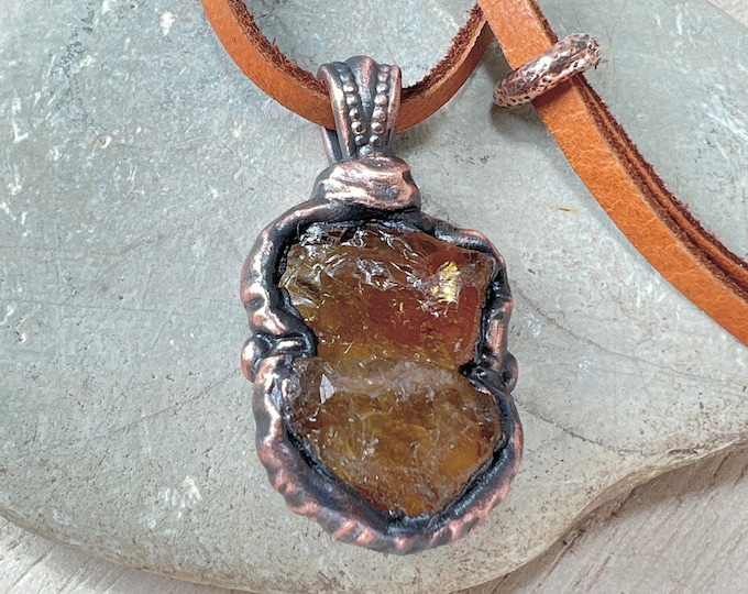 CITRINE RAW Rough Rocks Pendant Necklace on Leather, Copper, Spiritual Jewelry, Natural Rough Uncut, Healing, Citrine uncut stone, gemstone