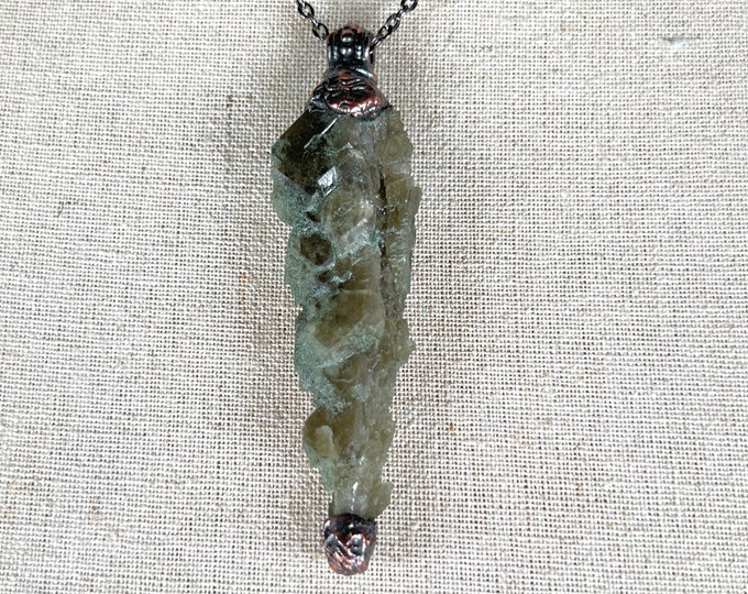 SKELECTAL ROCK-CRYSTAL "Elestial" Quartz raw, Copper oxidized from Swiss Alps, stainless steel Chain 24 inch, BoHo-Style, Magic Nature