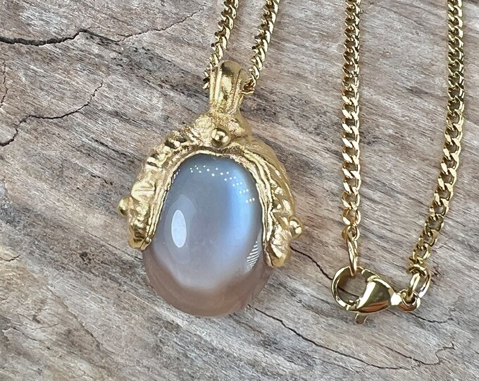MOONSTONE Necklace, Pendant, 22K gold plated, BoHo-Style, Precious Talisman, Spiritual Jewelry, with golden stainless steel chain.