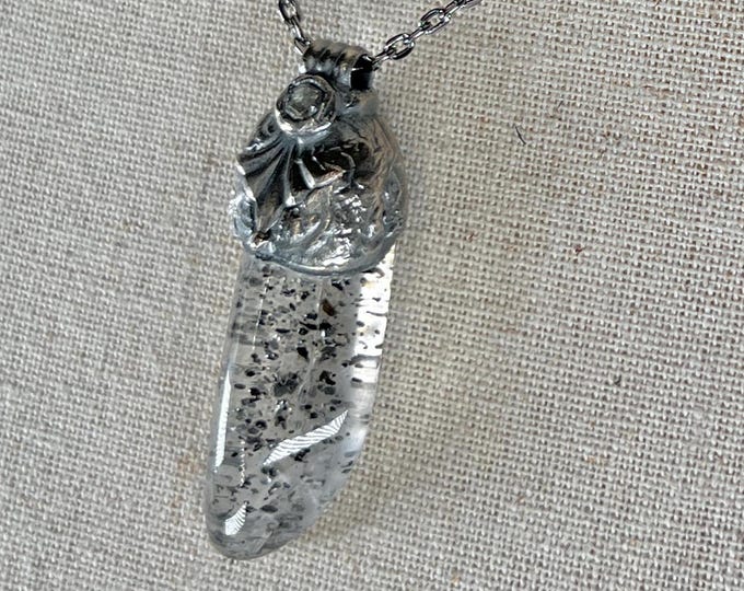 Quartz CRYSTAL with HEMATITE inclusions, Pendant, Necklace, symbolizes protection, grounding, strength, earthly and spiritual energies.