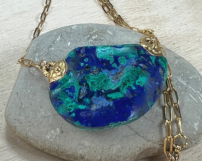 AZURITE-MALACHIT freeform, Pendant, Necklace with golden stainless steel chain, Mother Earth Jewelry, Avantgarde Jewelry, Boho