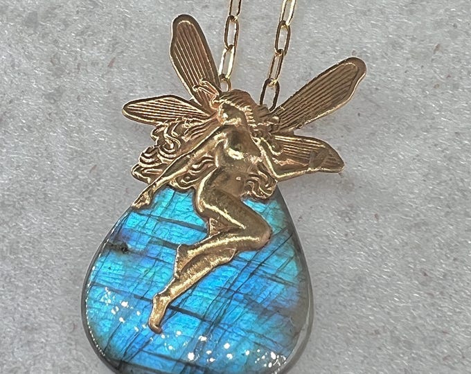 Blue LABRADORITE Necklace, with Fairy gold plated Gift, Talisman, Amulet, Good Luck, symbolizes Magic Enchantment, Protection and Shielding.