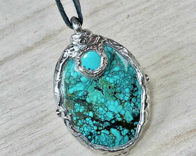 TIBETAN TURQUOISE Necklace, Pendant,Palladium plated, with Deer Lace Leather, Yoga Spiritual Jewelry, Turquoise crystal, Avantgarde, Boho