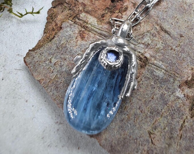 BLUE KYANITE Necklace w/4mm Iolithe, Pendant. It symbolizes mental clarity, emotional healing, and inner truth. Iolithe spiritual crystal.