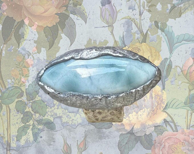 Big LARIMAR RING, Bohemian Statement Ring, Alternative Jewelry, wearable art, symbolizes Spiritual Growth and Enlightenment. Ring Size US 7.
