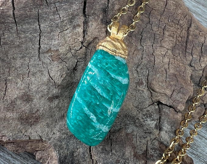 NATURAL AMAZONITE Pendant, Gold, Necklace with Leather, Spiritual Healing Crystal, Mother Earth Jewelry, Amulet, Talisman Chakra Gemstone