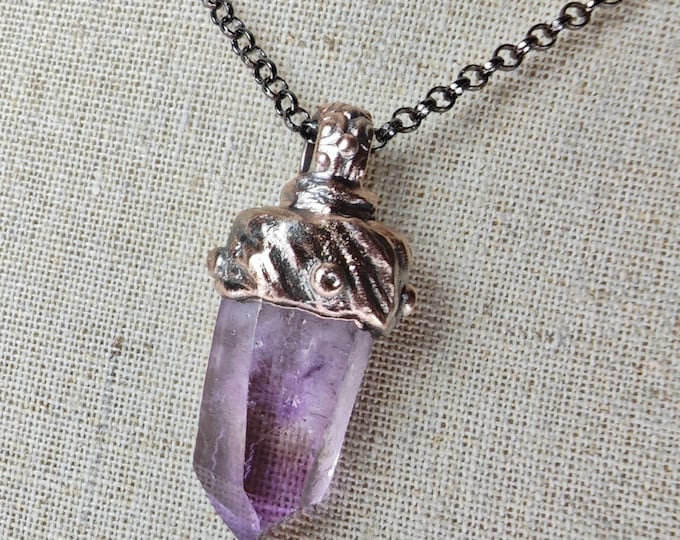 NATURAL AMETHYST CRYSTAL Point, copper+palladium mix, Pendant Necklace w/stainless steel chain,  Spiritual Jewelry,  Guidance and Wisdom.